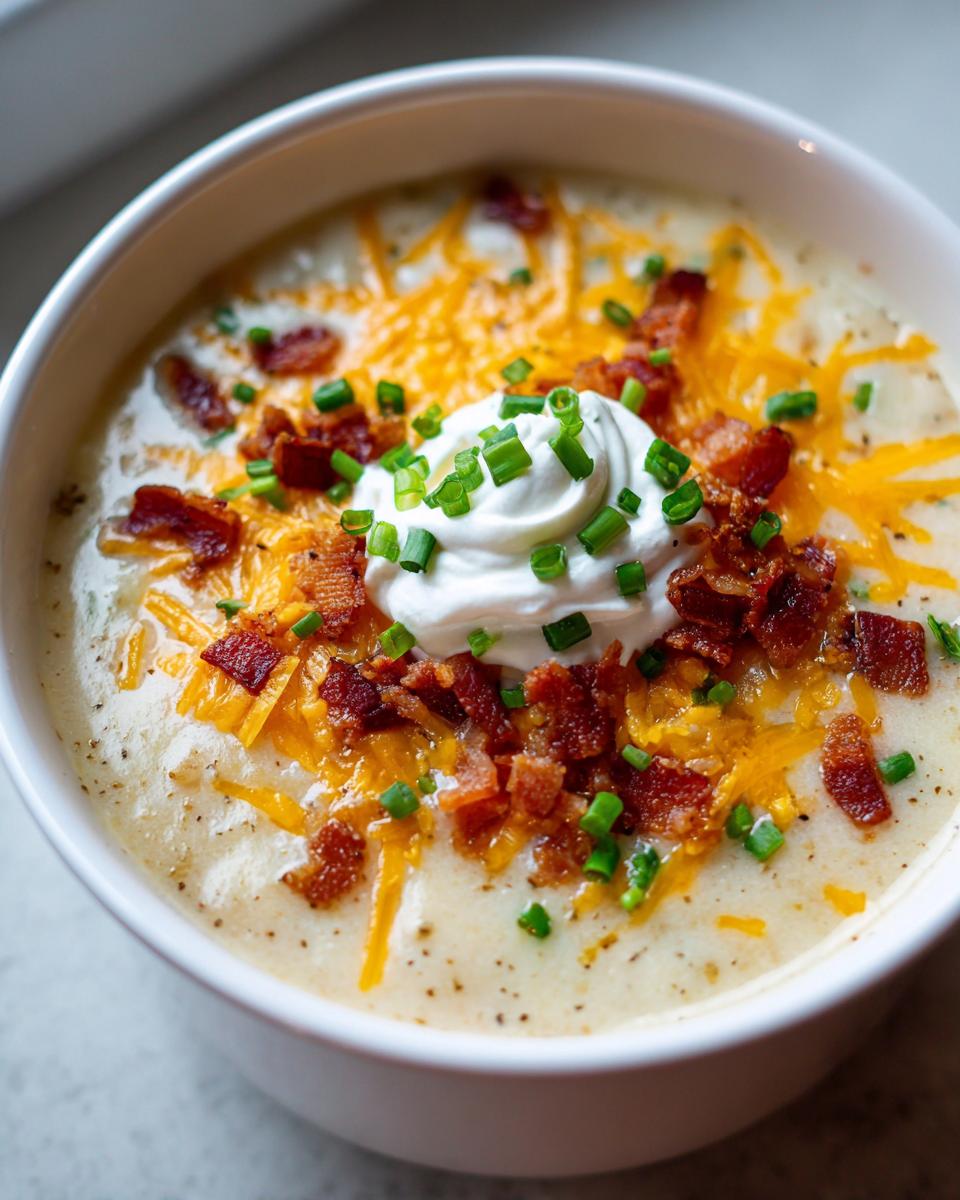 A close-up of a creamy bowl of potato soup recipe topped with sour cream, shredded cheddar, bacon bits, and chives.