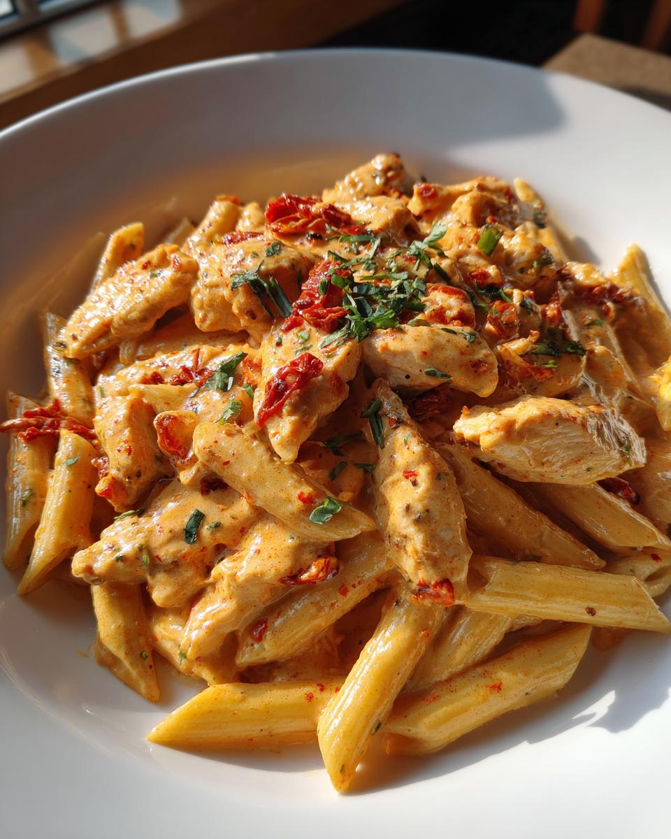 A close-up of creamy marry me chicken pasta featuring penne, chicken pieces, and sun-dried tomatoes, garnished with fresh herbs.