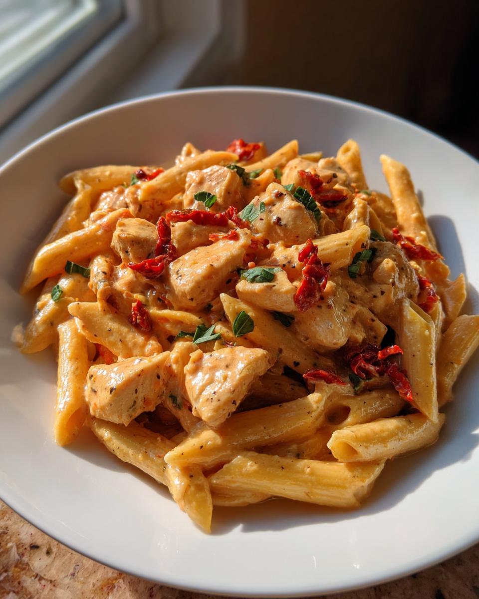 Close-up of creamy Marry Me Chicken Pasta featuring penne, diced chicken, and sun-dried tomatoes.
