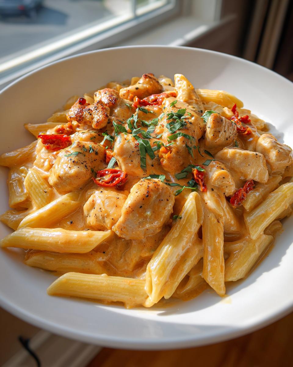 Close-up of creamy Marry Me Chicken Pasta with penne, sun-dried tomatoes, and fresh herbs in a white bowl.