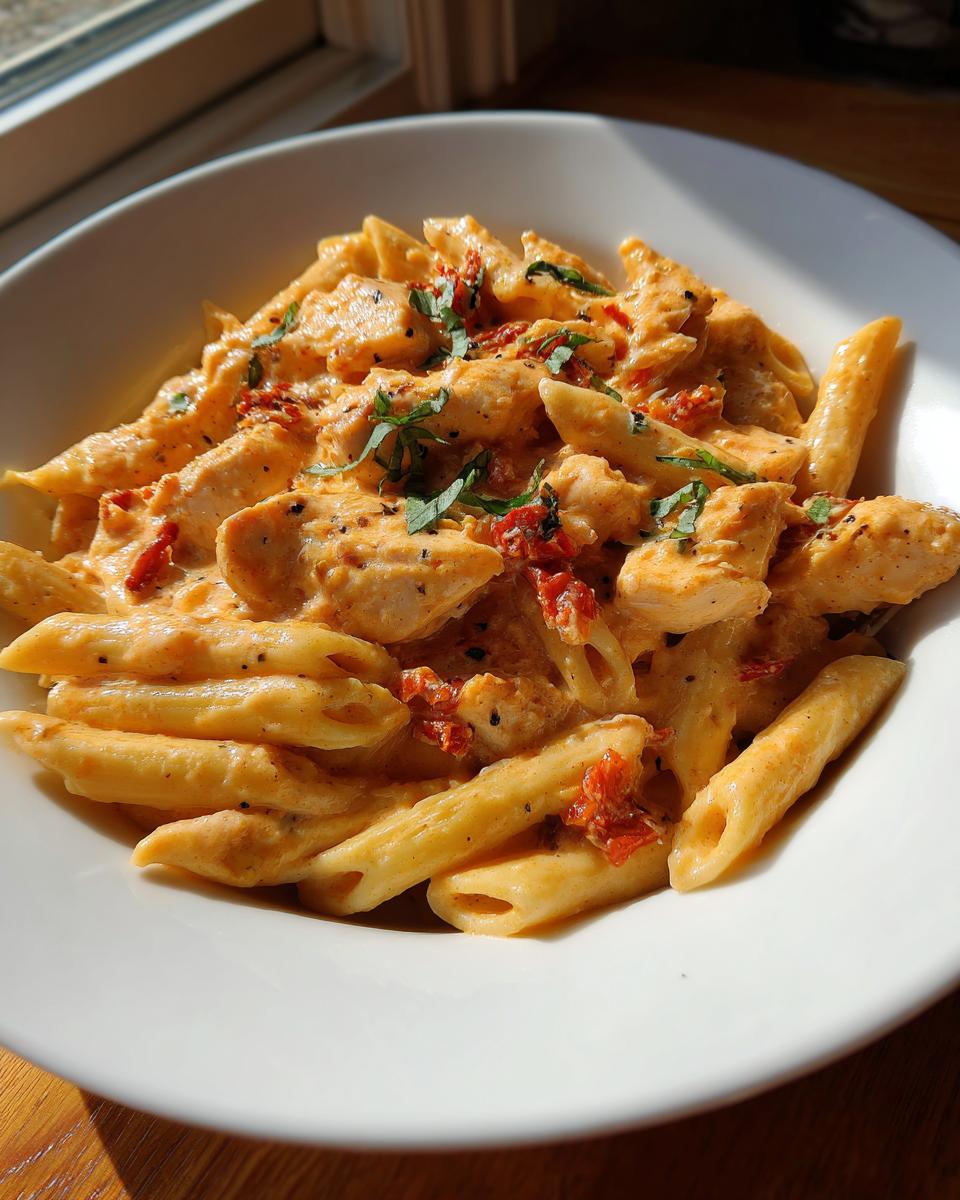 A bowl of creamy Marry Me Chicken Pasta featuring penne, chicken pieces, sun-dried tomatoes, and fresh basil.