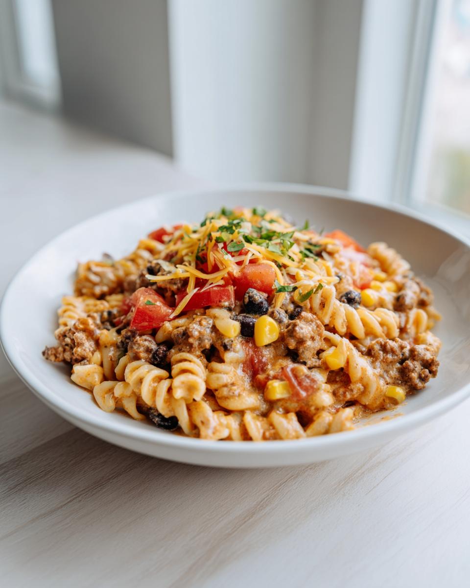 A white bowl filled with creamy taco pasta salad featuring ground beef, corn, black beans, tomatoes, and shredded cheese.