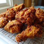 A pile of golden brown, extra crispy fried chicken wings resting on a wire cooling rack.
