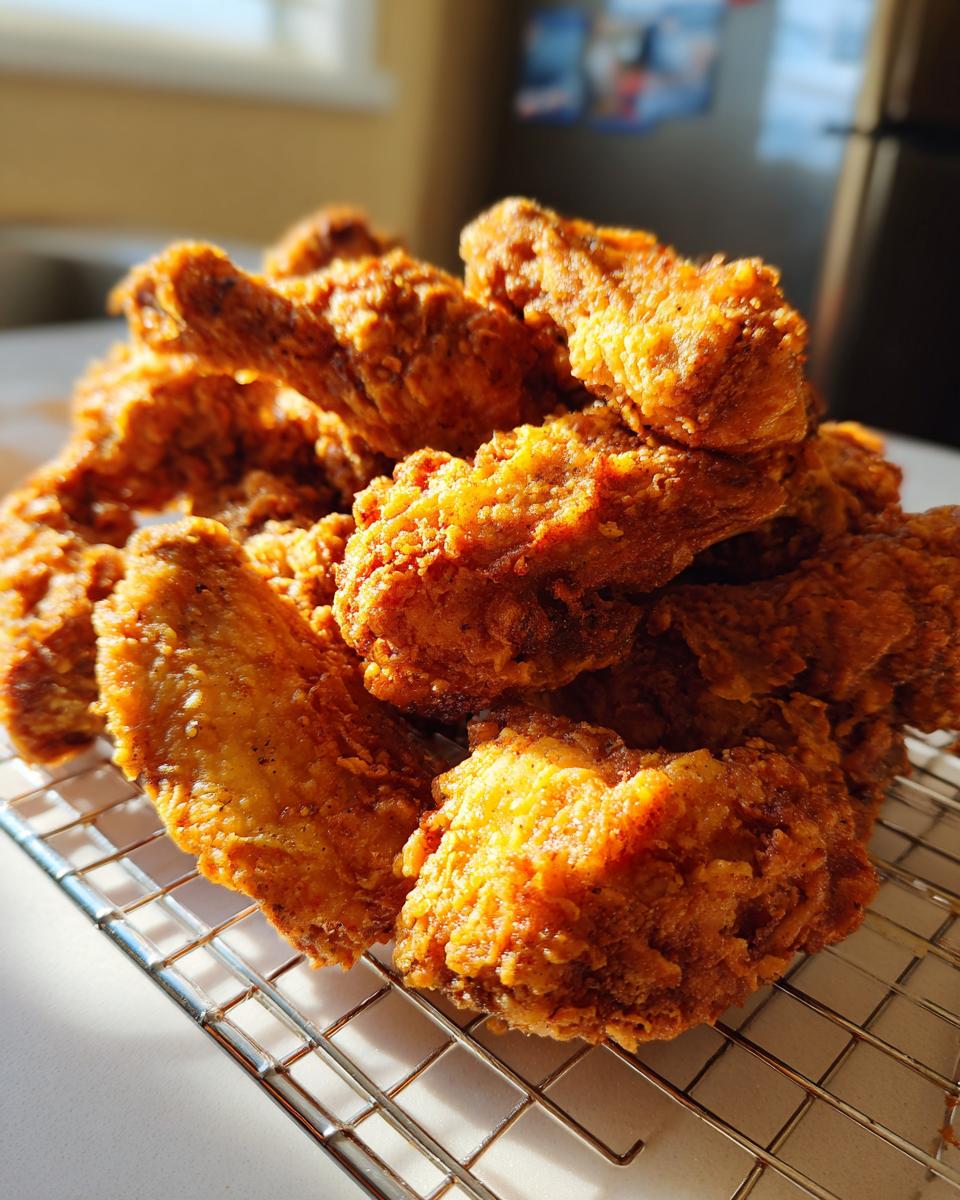 A mound of perfectly crispy, golden brown fried chicken wings resting on a wire cooling rack.