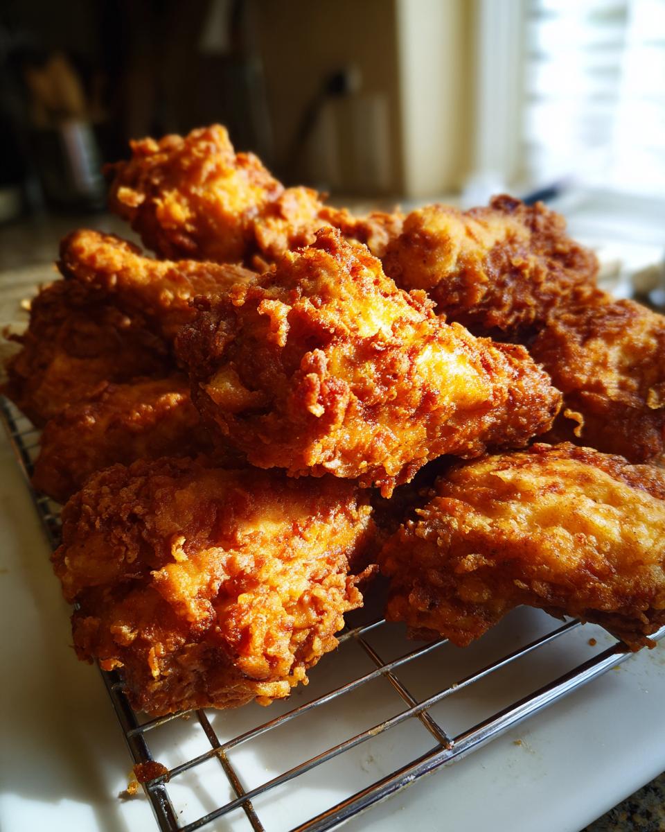 A pile of golden-brown, crispy fried chicken wings resting on a metal cooling rack, showing off their crunchy coating.