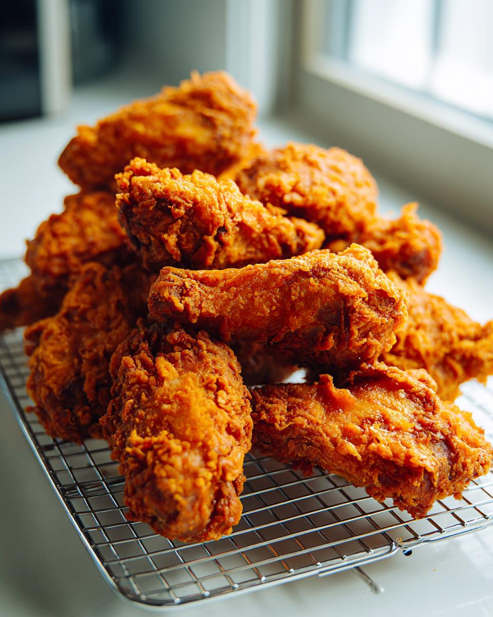 A pile of golden brown, crispy fried chicken wings resting on a metal cooling rack.