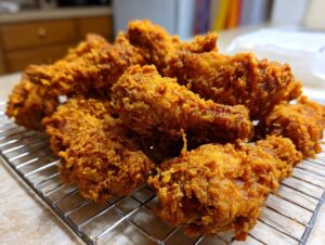 A close-up of several pieces of golden-brown, crispy fried chicken wings piled high on a wire cooling rack.