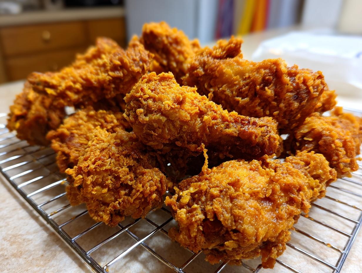 A close-up of several pieces of golden-brown, crispy fried chicken wings piled high on a wire cooling rack.