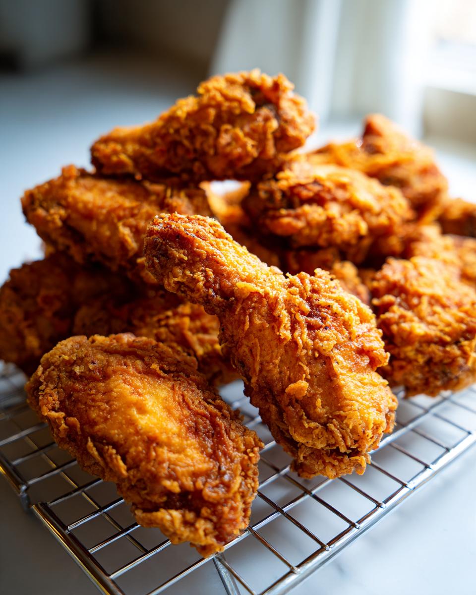 A close-up stack of golden brown, crispy fried chicken wings resting on a wire cooling rack.