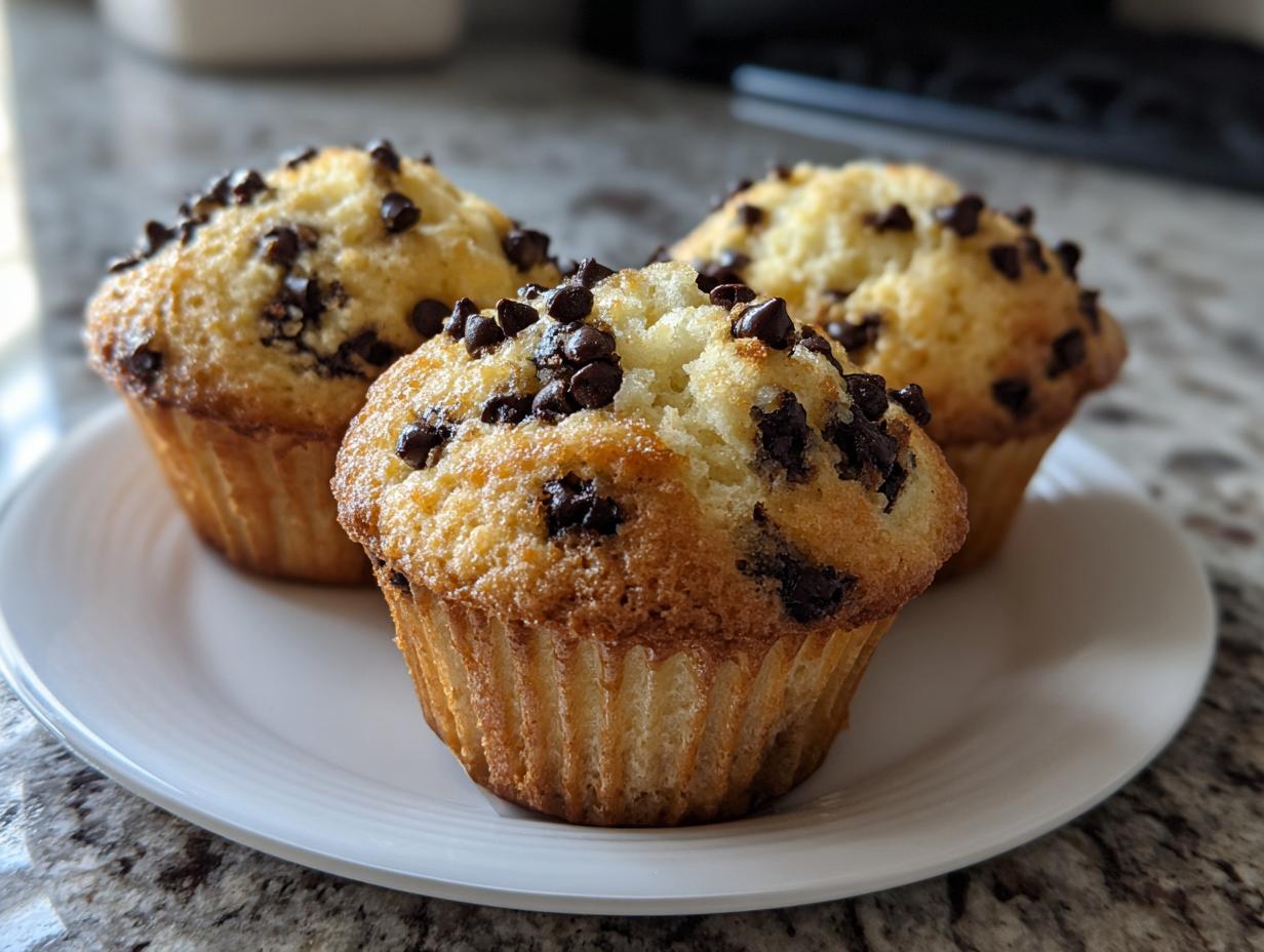 Three golden brown mini chocolate chip muffins topped generously with chocolate chips, resting on a white plate.