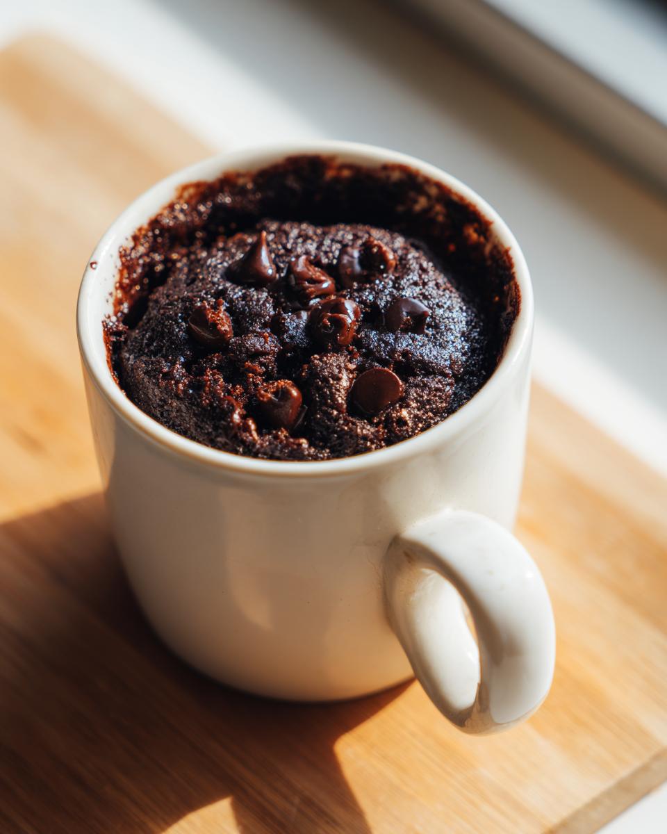 Close-up of a rich, fudgy chocolate mug cake topped with melted chocolate chips, served in a white mug.