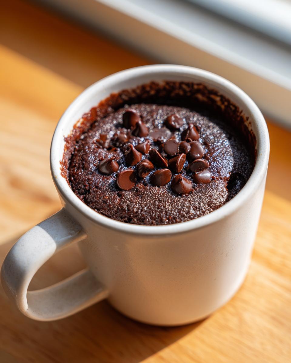 A close-up of a warm, fudgy chocolate mug cake topped with melted chocolate chips, sitting on a wooden surface.