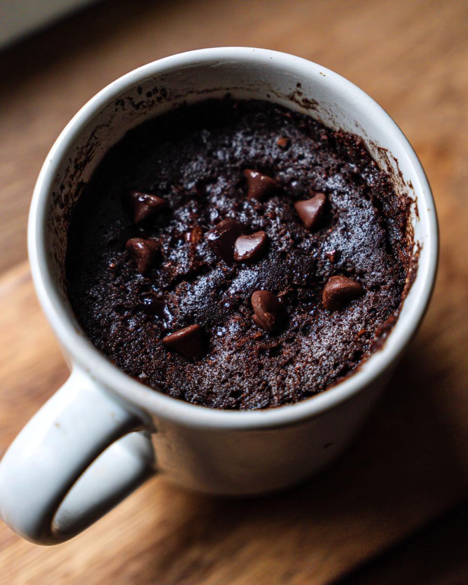 Close-up overhead shot of a fudgy chocolate mug cake topped with melted chocolate chips, ready to eat.