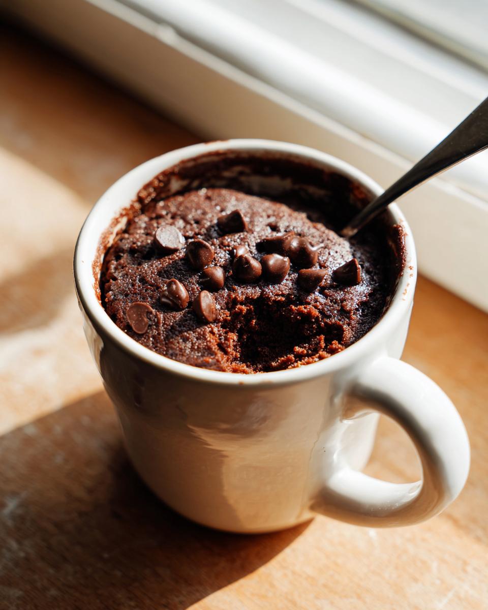 A close-up of a fudgy chocolate mug cake topped with chocolate chips, resting in a white mug with a spoon.