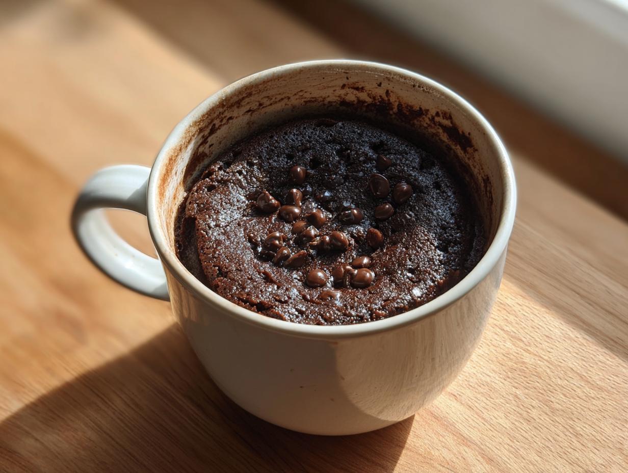 Close-up of a rich, fudgy chocolate mug cake topped with chocolate chips, sitting in a white mug.