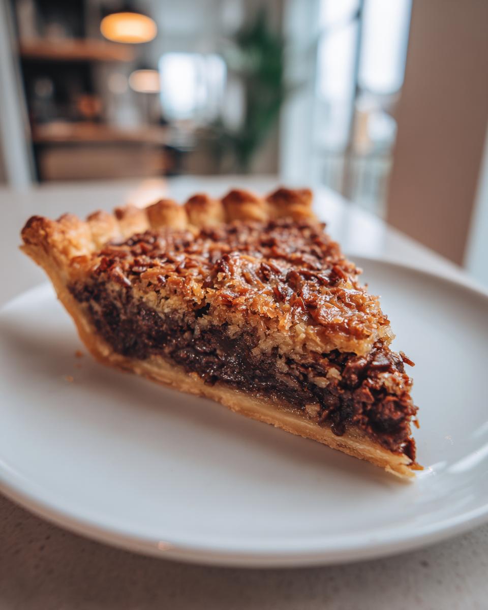 A close-up of one perfect slice of german chocolate pie showing the flaky crust and rich coconut pecan topping.