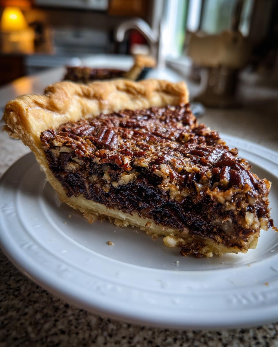 A close-up of one perfect slice of german chocolate pie showing the flaky crust and rich pecan topping.