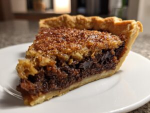 A close-up view of one perfect slice of rich, dark german chocolate pie on a white plate.