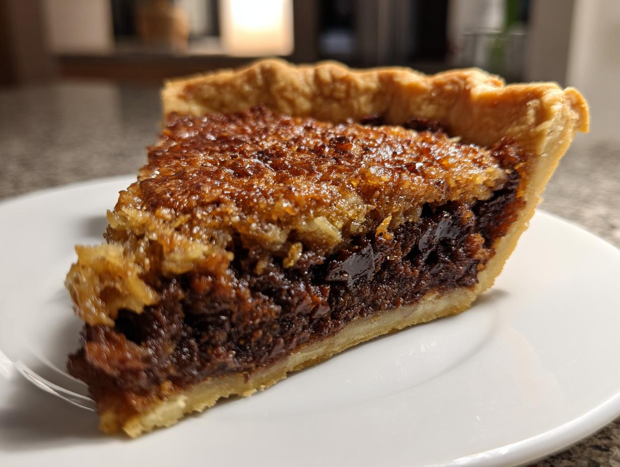 A close-up view of one perfect slice of rich, dark german chocolate pie on a white plate.