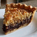 A close-up of one perfect slice of german chocolate pie showing the dark chocolate layer and toasted coconut topping.