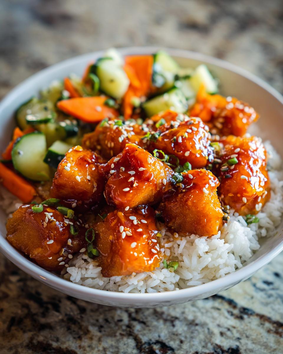 Close-up of a bowl featuring rice topped with glazed protein pieces, sesame seeds, and mixed vegetables, similar to a salmon bowls preparation.