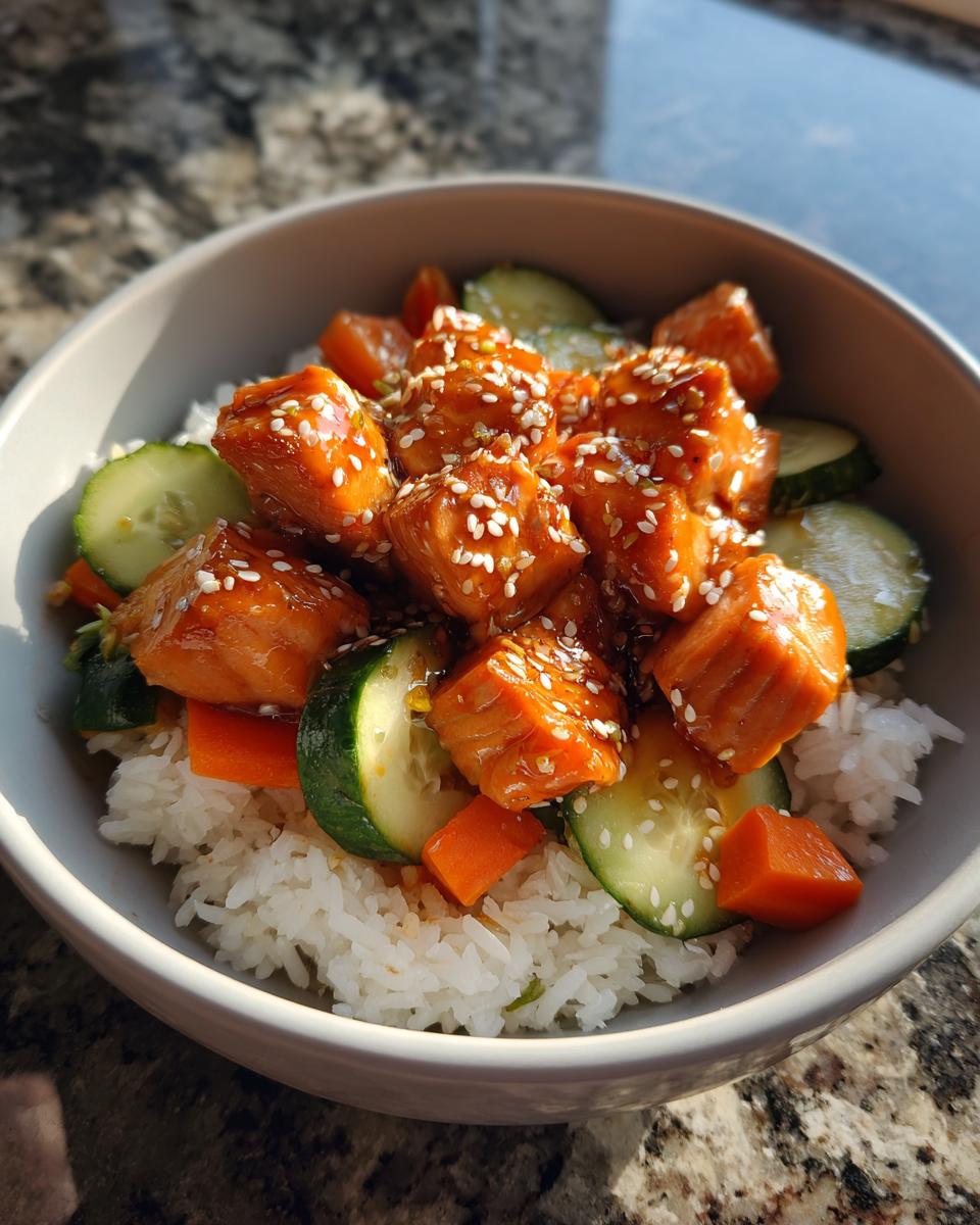 Close-up of glazed, sesame-topped salmon cubes served over rice with sliced cucumbers in a bowl, part of a salmon bowls recipe.