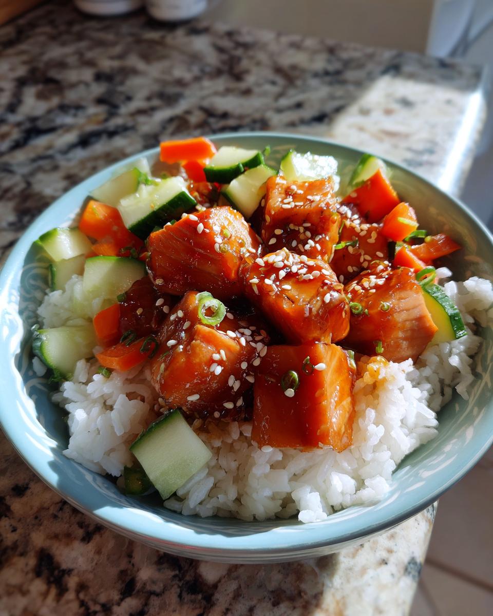 A close-up of a delicious salmon bowls serving featuring glazed salmon cubes over white rice with chopped cucumbers and carrots.