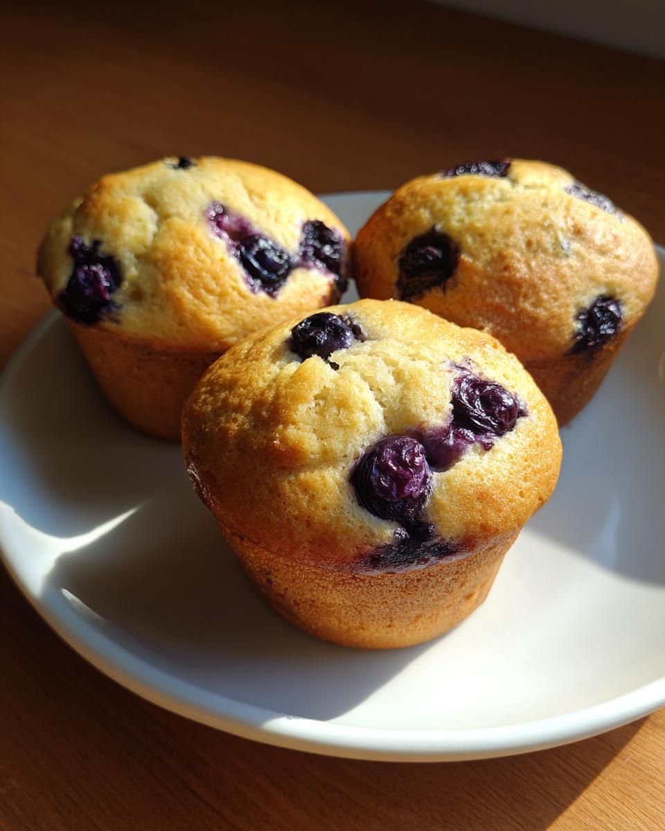 Three golden-brown cottage cheese muffins studded with juicy blueberries, resting on a white plate.