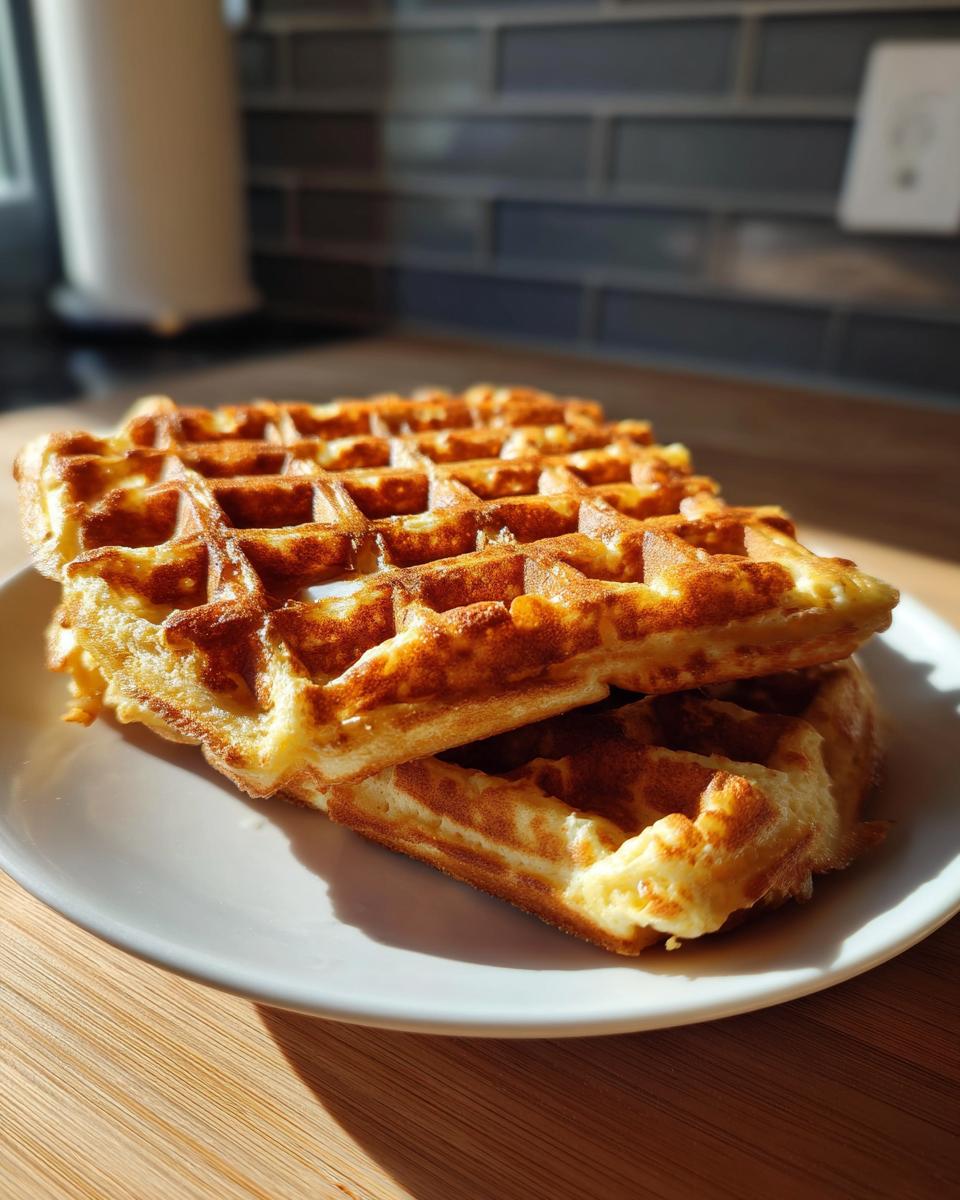 Two golden brown cottage cheese waffles stacked on a white plate, beautifully lit by sunlight.
