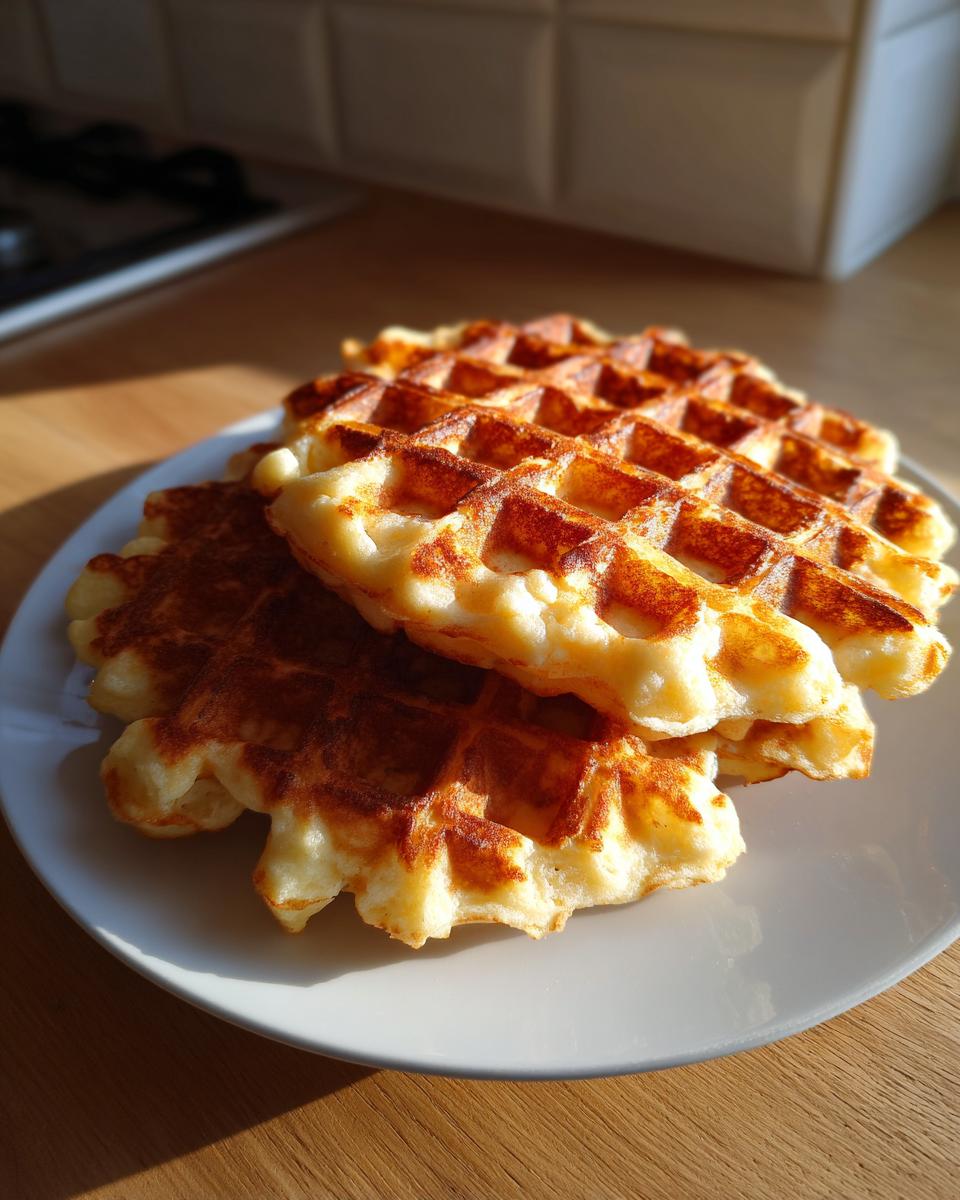 A stack of three golden brown cottage cheese waffles resting on a white plate, illuminated by sunlight.