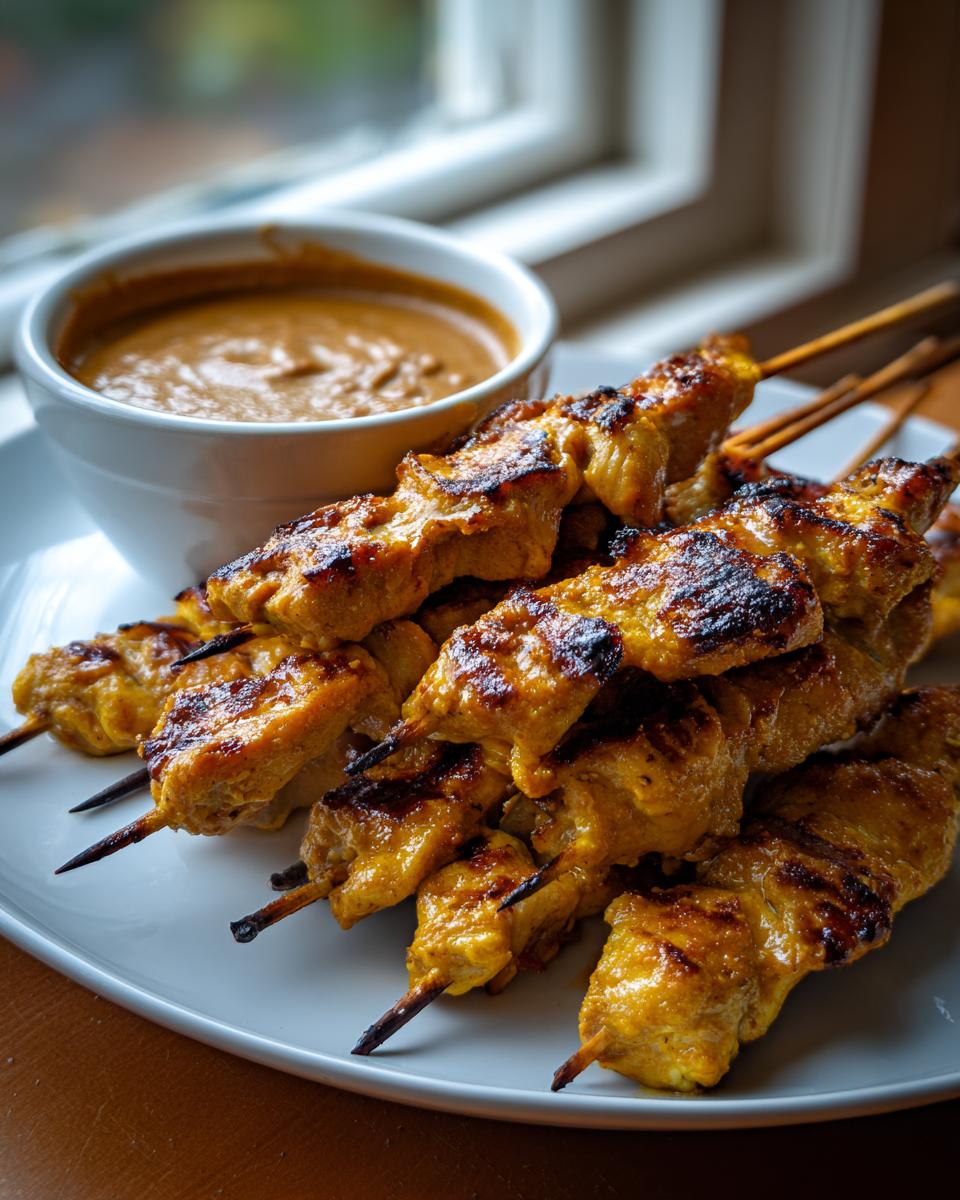 A plate piled high with golden, grilled chicken satay skewers served next to a bowl of creamy peanut dipping sauce.