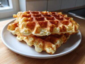 A stack of three golden-brown cottage cheese waffles served on a white plate.