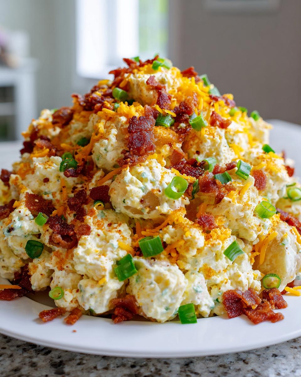 A large mound of creamy loaded baked potato salad topped generously with shredded cheddar cheese, crispy bacon bits, and chopped green onions.