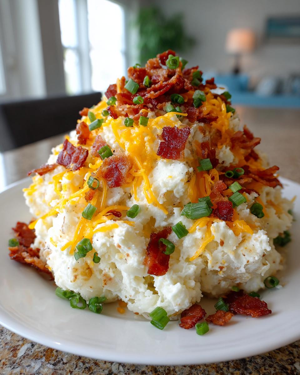 A large mound of creamy loaded baked potato salad topped with shredded cheddar cheese, crispy bacon bits, and fresh green onions.