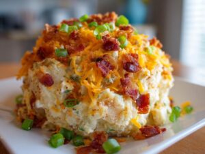 Close-up of a scoop of loaded baked potato salad topped generously with shredded cheddar cheese, crispy bacon bits, and green onions.