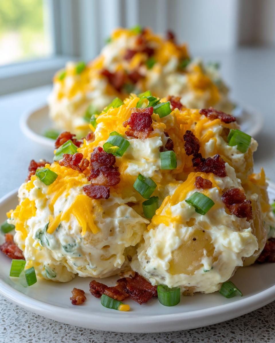 Close-up of loaded baked potato salad mounds topped with shredded cheddar, bacon bits, and green onions on a white plate.