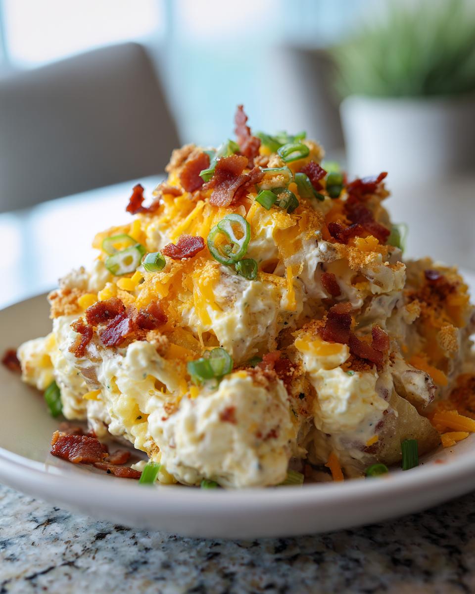 A generous serving of loaded baked potato salad topped with shredded cheddar cheese, bacon bits, and green onions.