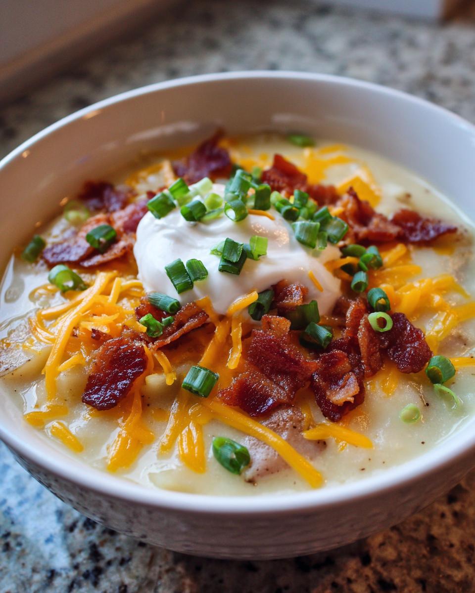 A close-up of a creamy bowl of potato soup recipe topped with shredded cheddar, bacon bits, sour cream, and green onions.