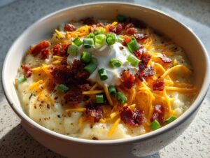 A close-up of a thick, loaded potato soup recipe topped with cheddar cheese, bacon bits, sour cream, and green onions.