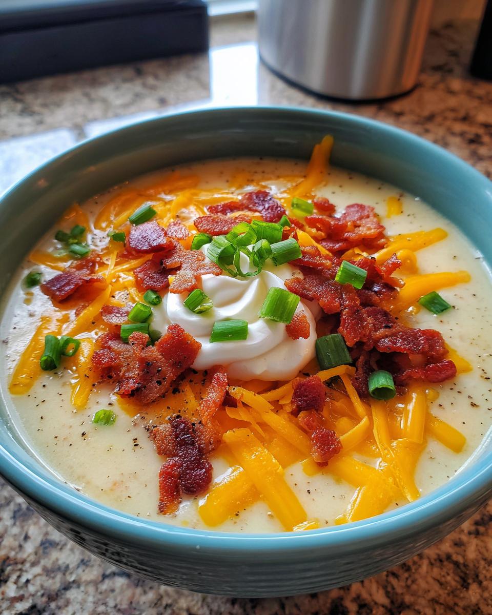 A close-up of a bowl of creamy potato soup recipe topped generously with shredded cheddar, bacon bits, sour cream, and chives.