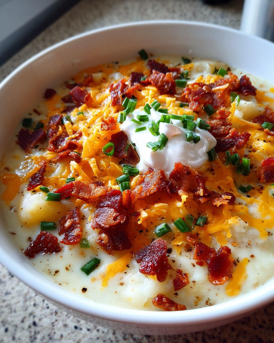 Close-up of a hearty bowl of loaded potato soup recipe topped with bacon, cheddar, sour cream, and chives.