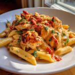 Close-up of a bowl of Marry Me Chicken Pasta featuring penne, creamy sauce, chicken pieces, and sun-dried tomatoes.