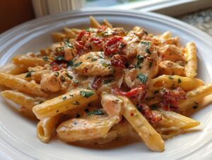 Close-up of a bowl of Marry Me Chicken Pasta featuring penne, creamy sauce, chicken pieces, and sun-dried tomatoes.