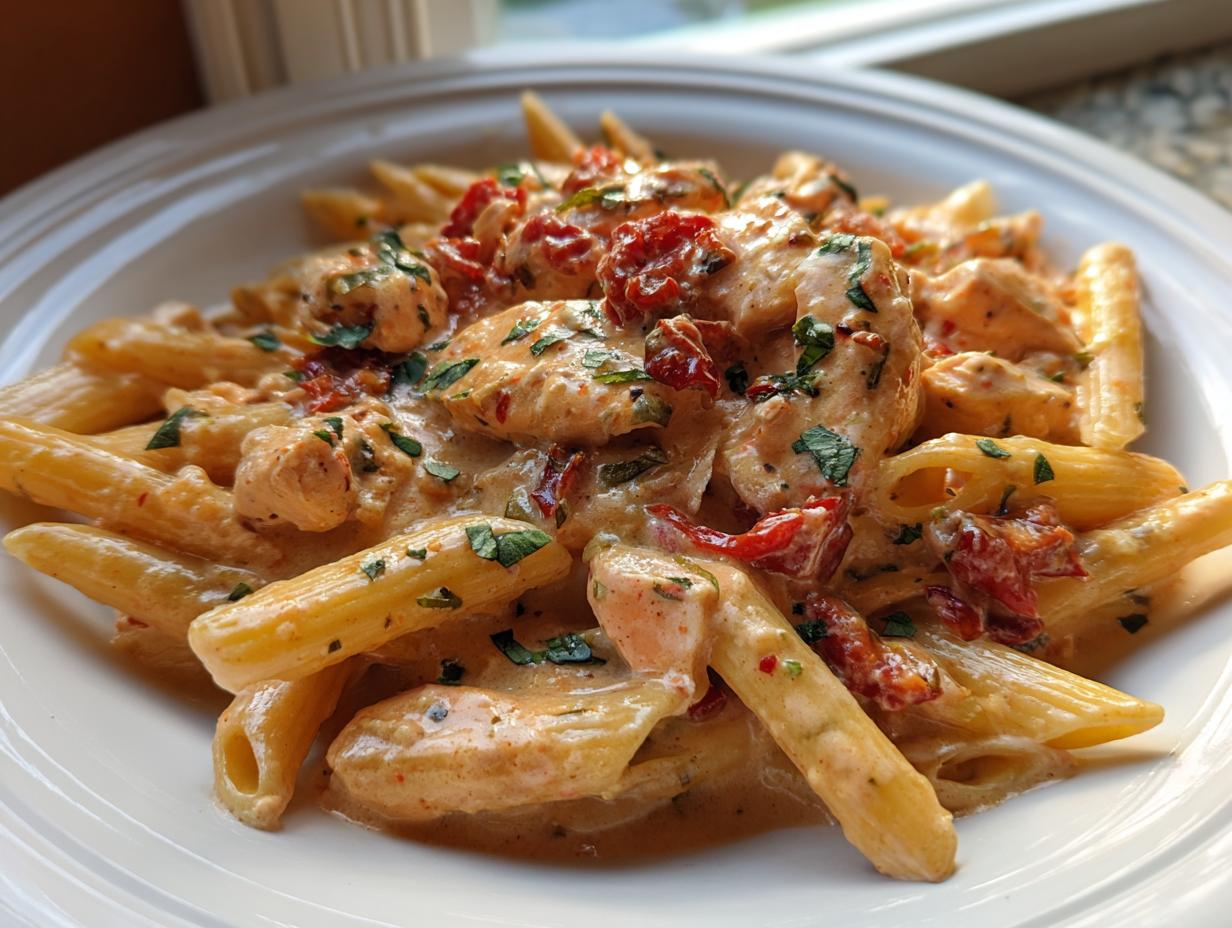 Close-up of a bowl of Marry Me Chicken Pasta featuring penne, creamy sauce, chicken pieces, and sun-dried tomatoes.