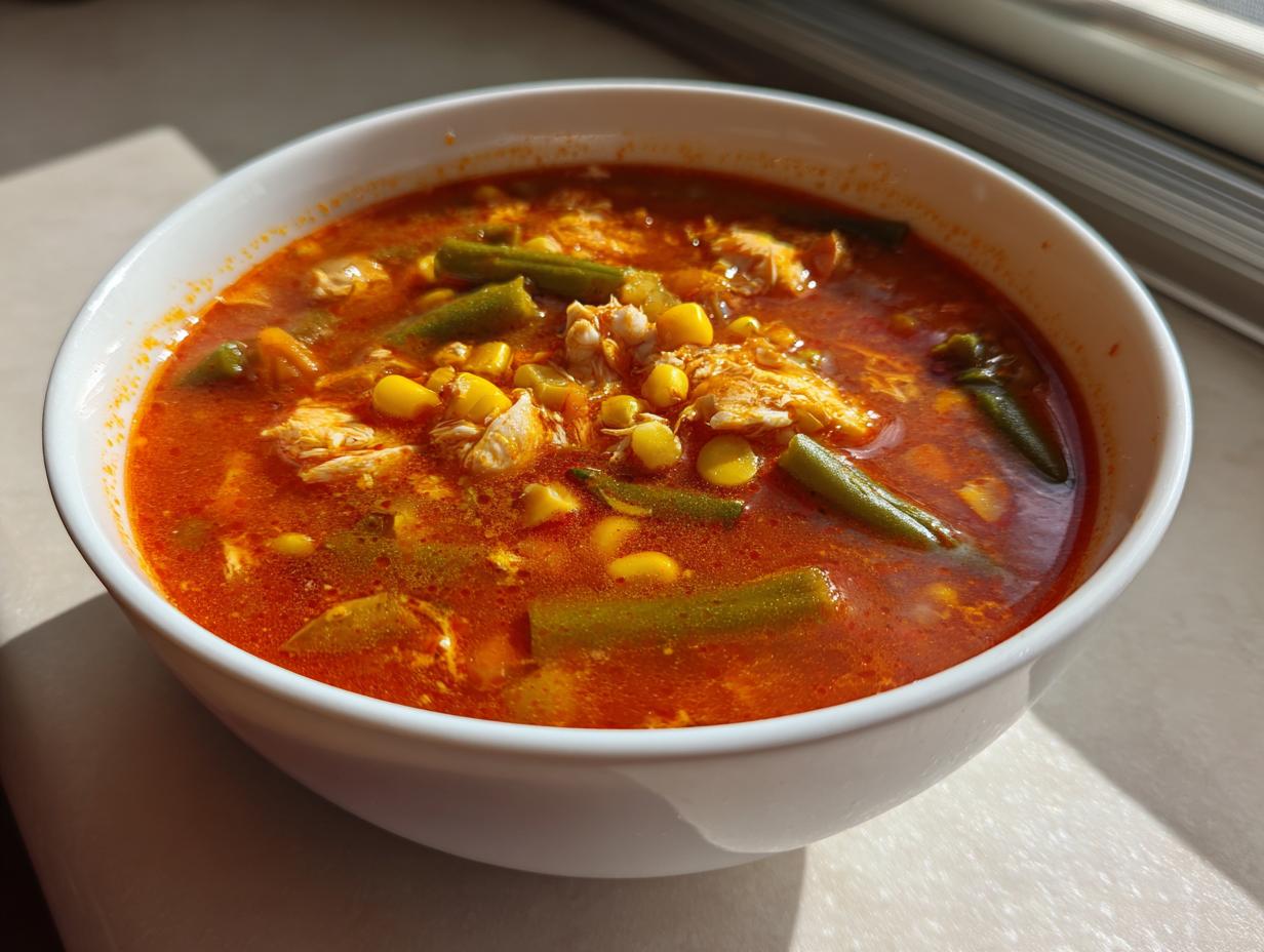 A close-up of a white bowl filled with rich, red maryland crab soup featuring visible chunks of crab meat, corn, and green beans.