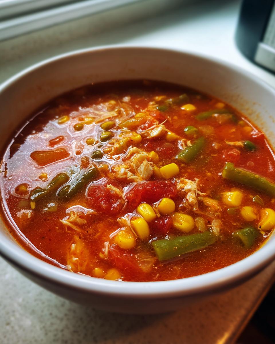 Close-up of a white bowl filled with rich, red maryland crab soup featuring visible chunks of tomato, corn, and green beans.