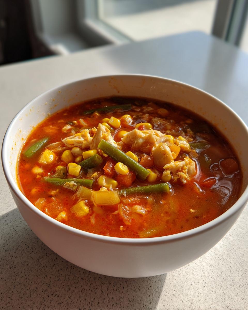 Close-up of a white bowl filled with rich, red maryland crab soup containing visible chunks of crab meat, corn, and green beans.