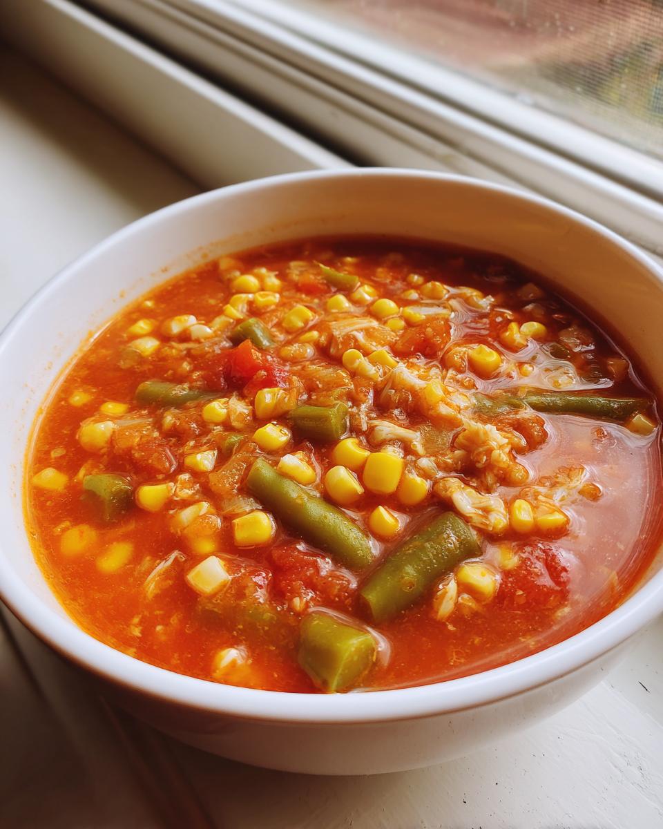 Close-up of a bowl filled with rich, red maryland crab soup featuring visible corn, green beans, and shredded crab meat.