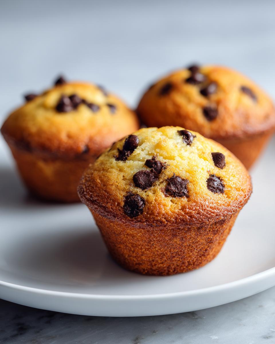 Three golden brown mini chocolate chip muffins sitting on a white plate, with one clearly in focus.