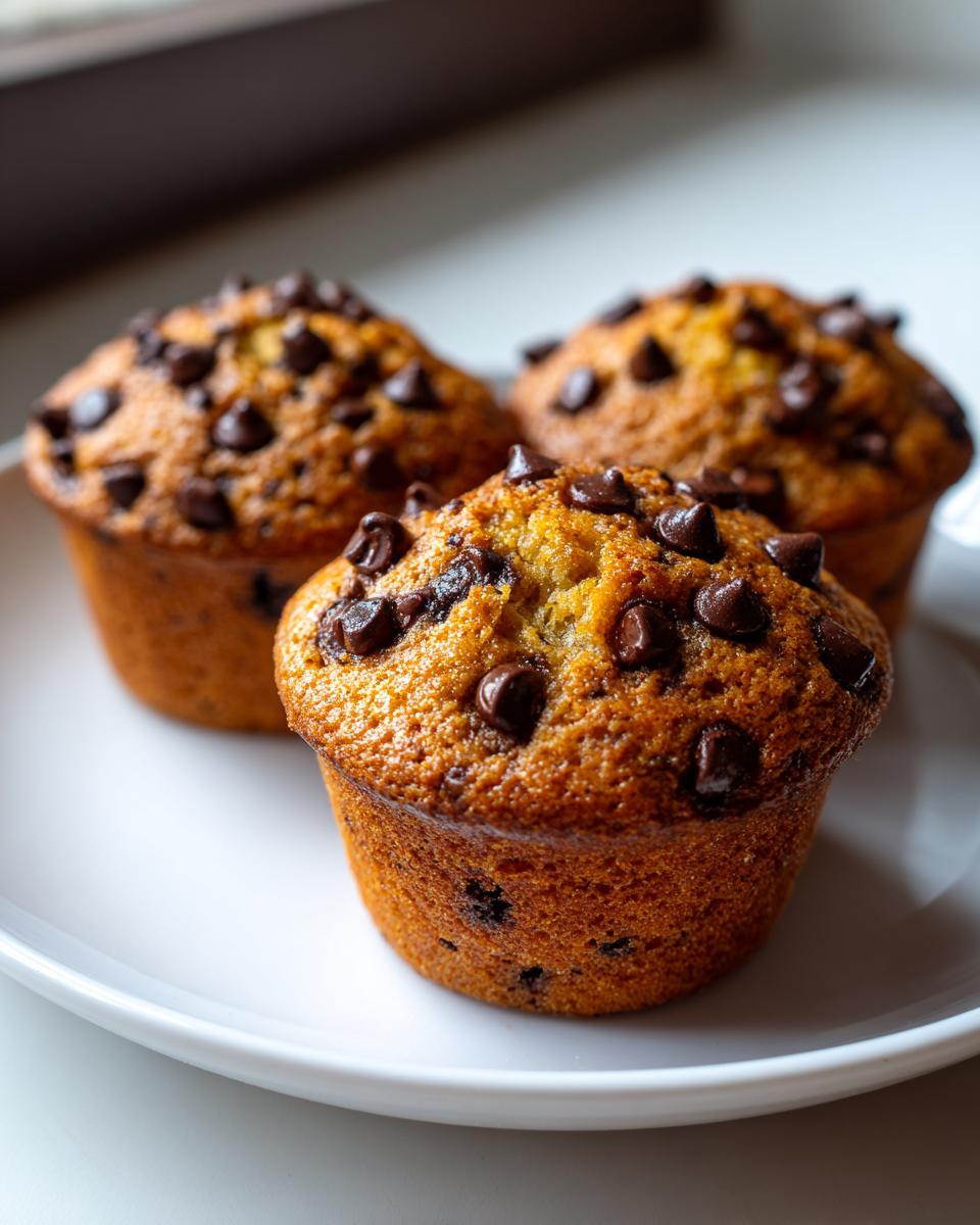 Close-up of three golden brown mini chocolate chip muffins topped with melted chips on a white plate.